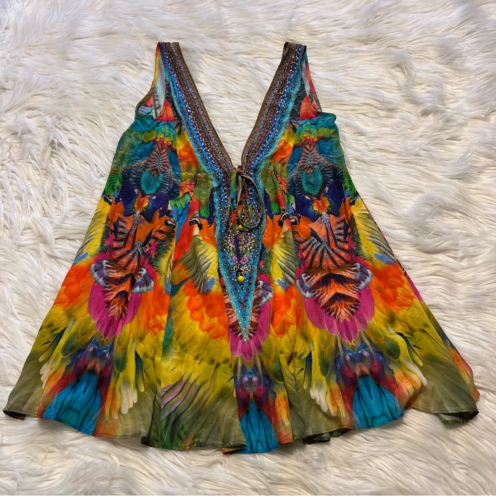 Camilla Colorful Feather Print Mini Dress